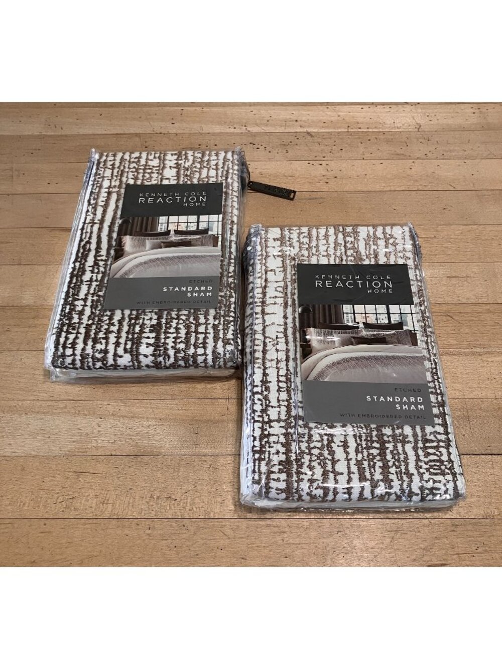 Kenneth Cole Reaction (SET OF 2) Etched European Pillow Shams White Brown AN NWT